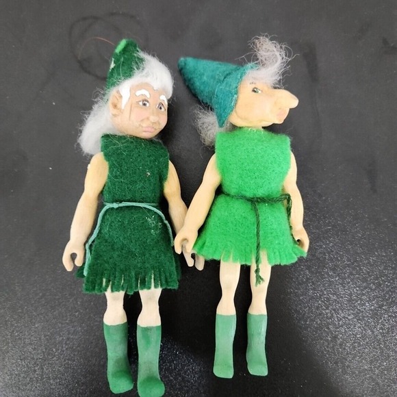 TWO Elf Hitty Doll Signed Connie Hardt 2007 Wood Carved Doll